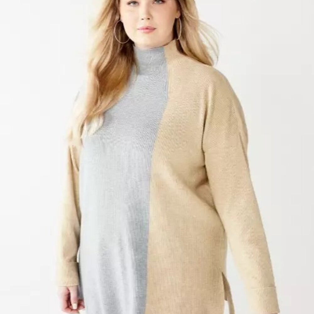 Cara Santana X Nine West Sweater Colorblock Turtleneck Tan Gray Sz 2X NWT